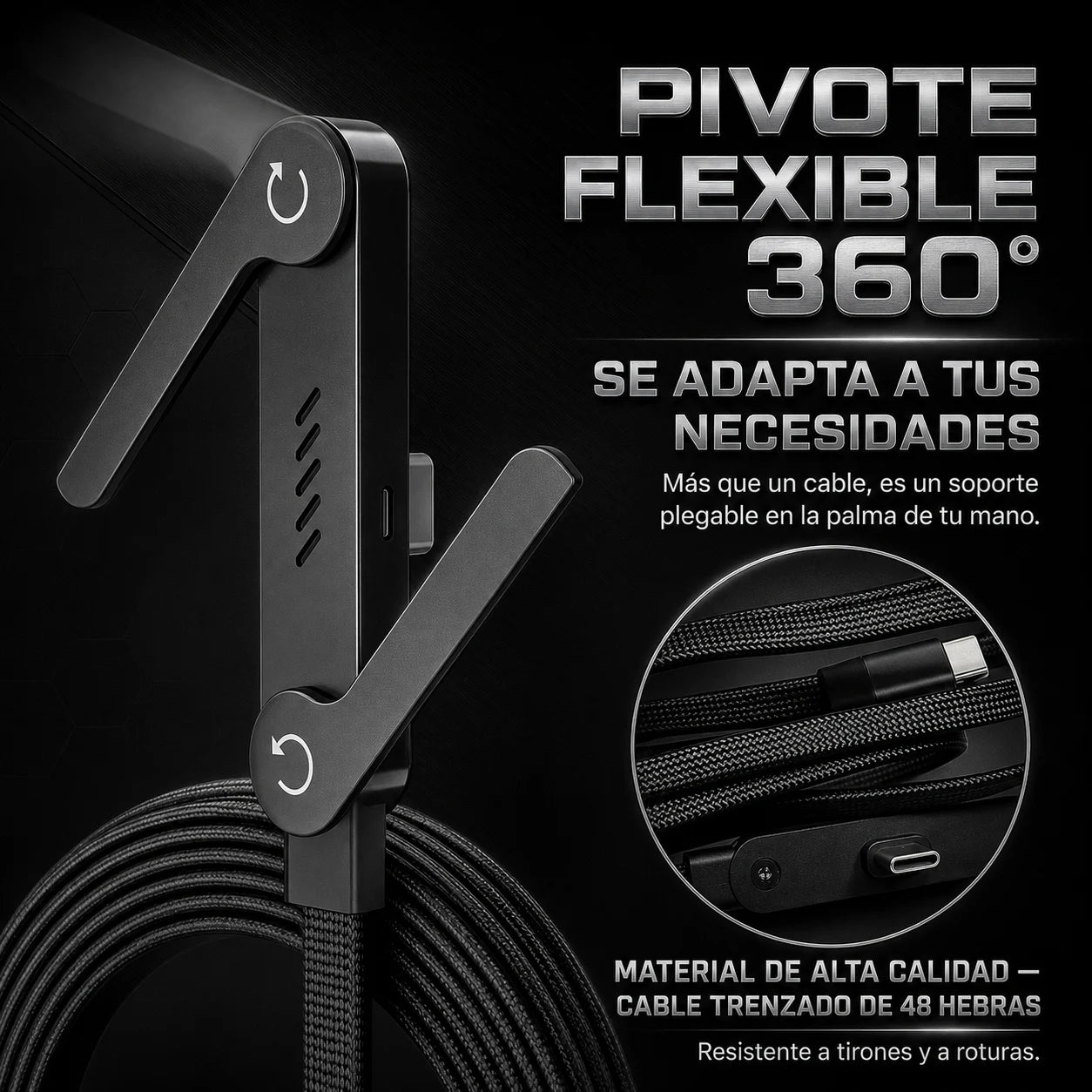 Voltix™ - Cable de carga rápida 240W con soporte y adaptador de USB-A a USB-C”.