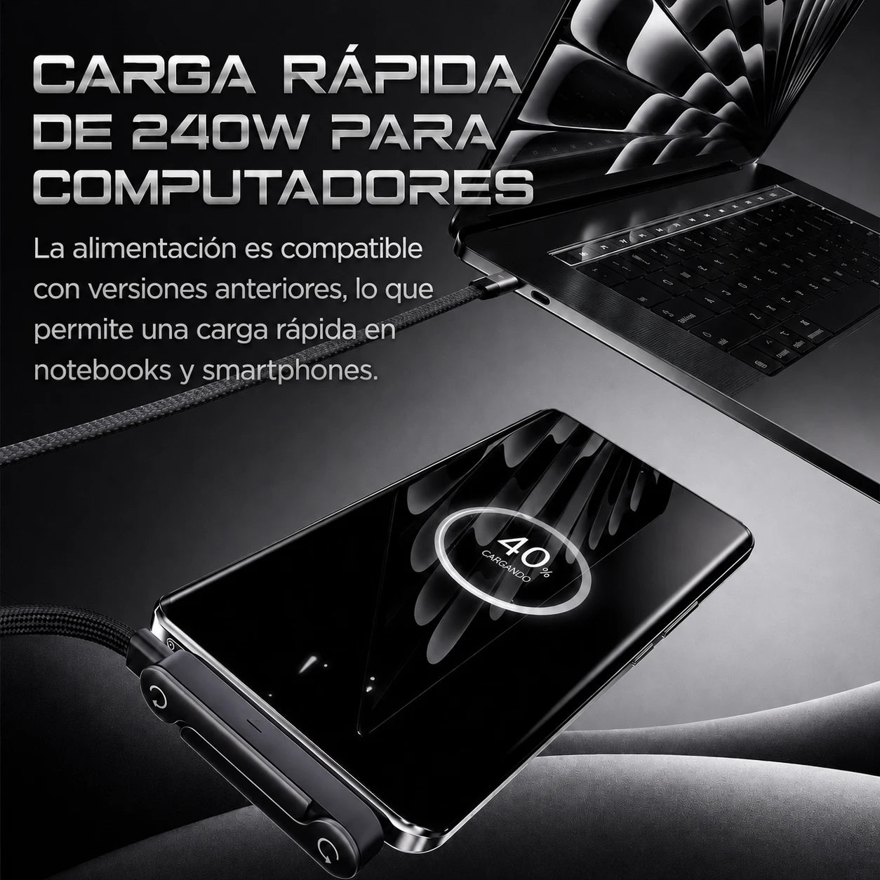 Voltix™ - Cable de carga rápida 240W con soporte y adaptador de USB-A a USB-C”.