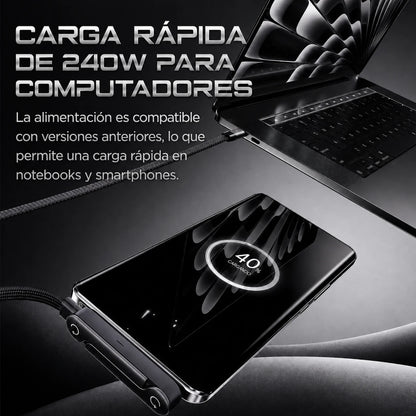 Voltix™ - Cable de carga rápida 240W con soporte y adaptador de USB-A a USB-C”.