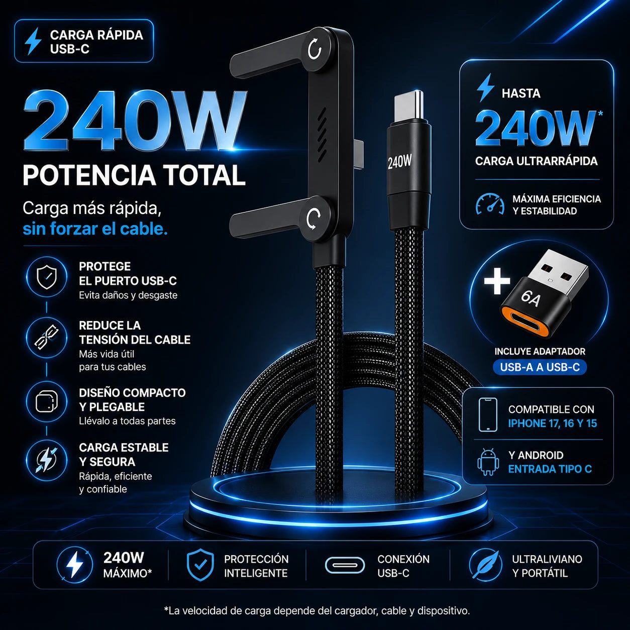 Voltix™ - Cable de carga rápida 240W con soporte y adaptador de USB-A a USB-C”.