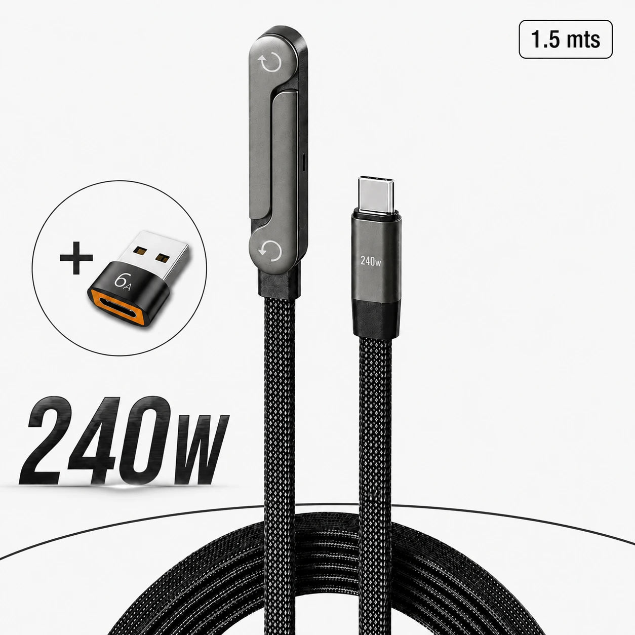 Voltix™ - Cable de carga rápida 240W con soporte y adaptador de USB-A a USB-C”.